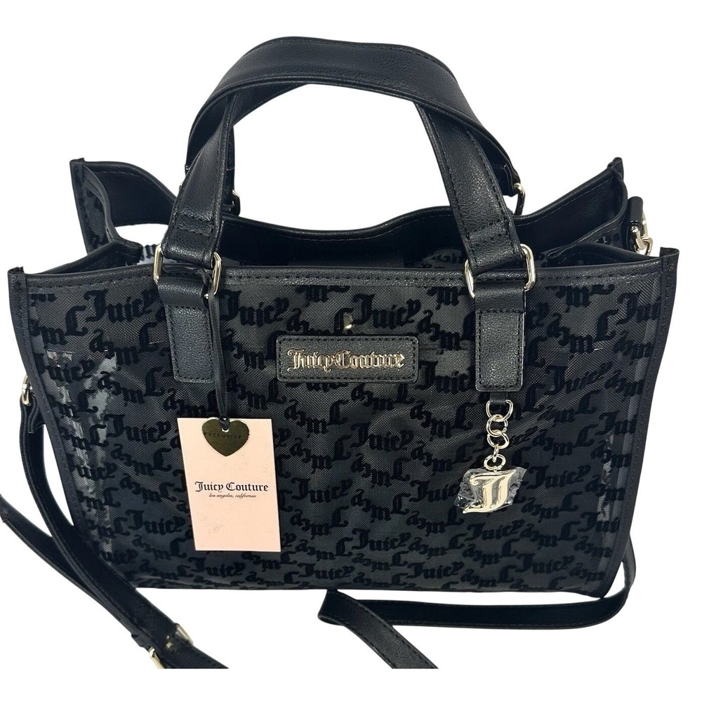 Juicy Couture Black Mesh Gothic Logo Satchel Crossbody Bag Gold Tone Hardware